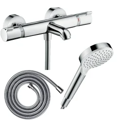 Hansgrohe Pack mitigeur bain thermostatique Ecostat Comfort + Flexible Metaflex 1,6m + Pommeau Vernis Blend EcoSmart chromé* Robinet De Baignoire