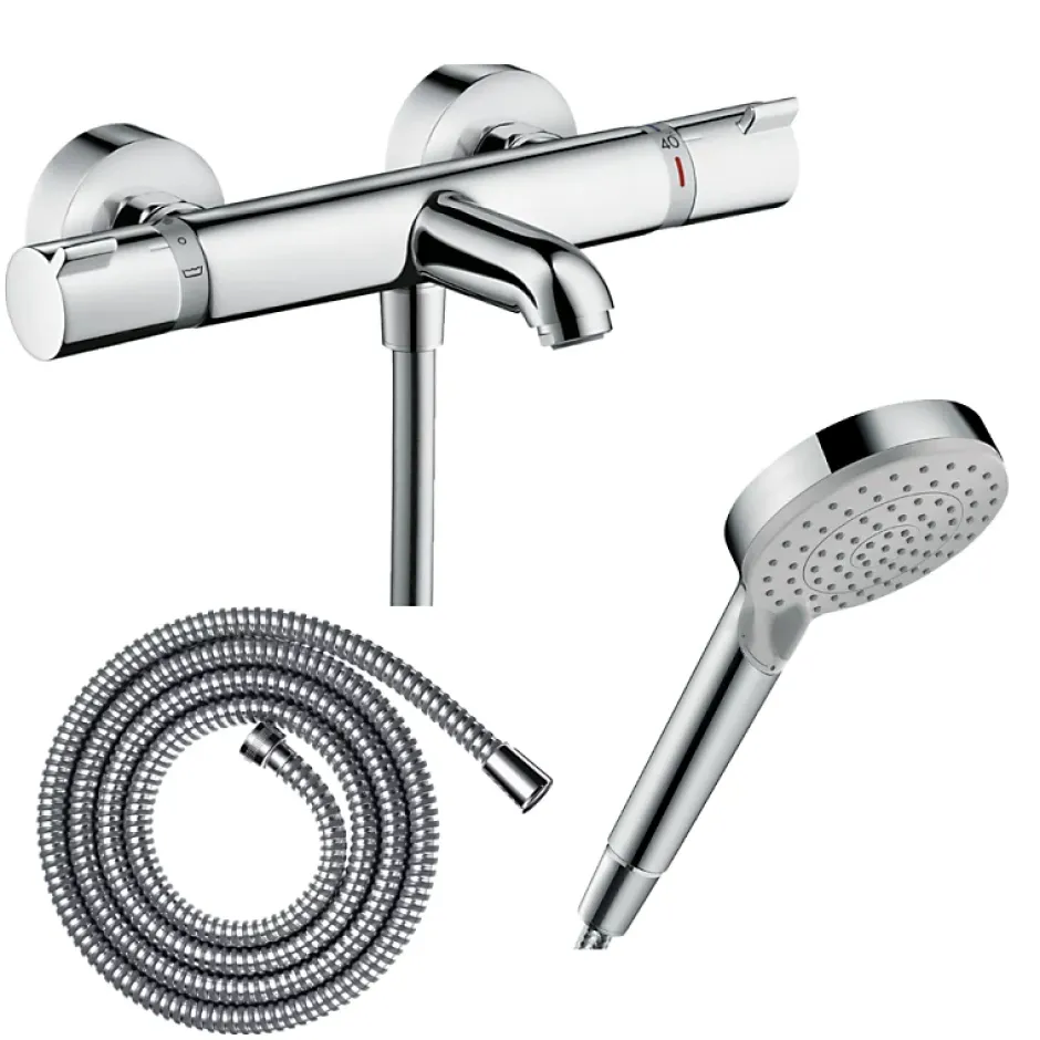 Hansgrohe Pack mitigeur bain thermostatique Ecostat Comfort + Flexible Metaflex 1,6m + Pommeau Vernis Blend EcoSmart 2 jets chromé* Robinet De Baignoire