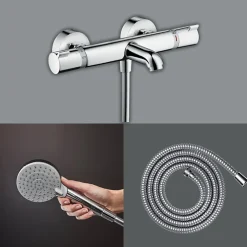Hansgrohe Pack mitigeur bain thermostatique Ecostat Comfort + Flexible Metaflex 1,6m + Pommeau Vernis Blend EcoSmart 2 jets chromé* Robinet De Baignoire