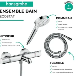 Hansgrohe Pack mitigeur bain thermostatique Ecostat Comfort + Flexible Metaflex 1,6m + Pommeau Vernis Blend EcoSmart 2 jets chromé* Robinet De Baignoire