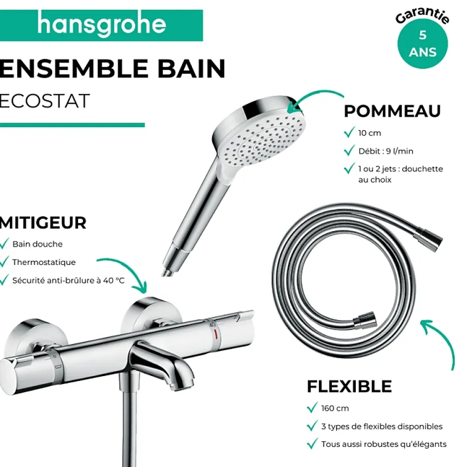 Hansgrohe Pack mitigeur bain thermostatique Ecostat Comfort + Flexible Metaflex 1,6m + Pommeau Vernis Blend EcoSmart 2 jets chromé* Robinet De Baignoire