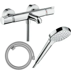 Hansgrohe Pack mitigeur bain thermostatique Ecostat Comfort + Flexible Designflex 1,6m + Pommeau Croma Select E EcoSmart chromé* Robinet De Baignoire