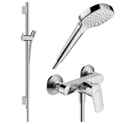Hansgrohe Pack mitigeur douche mécanique Logis + Barre Unica S Puro + flexible + Pommeau Croma Select E blanc/chromé