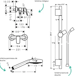 Hansgrohe Pack mitigeur douche mécanique Logis + Barre Unica S Puro + flexible + Pommeau Croma Select E blanc/chromé