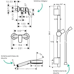 Hansgrohe Pack mitigeur douche mécanique Logis + Barre Unica S Puro + flexible + Pommeau Pulsify Select 3 jets chromé* Colonne De Douche Mécanique