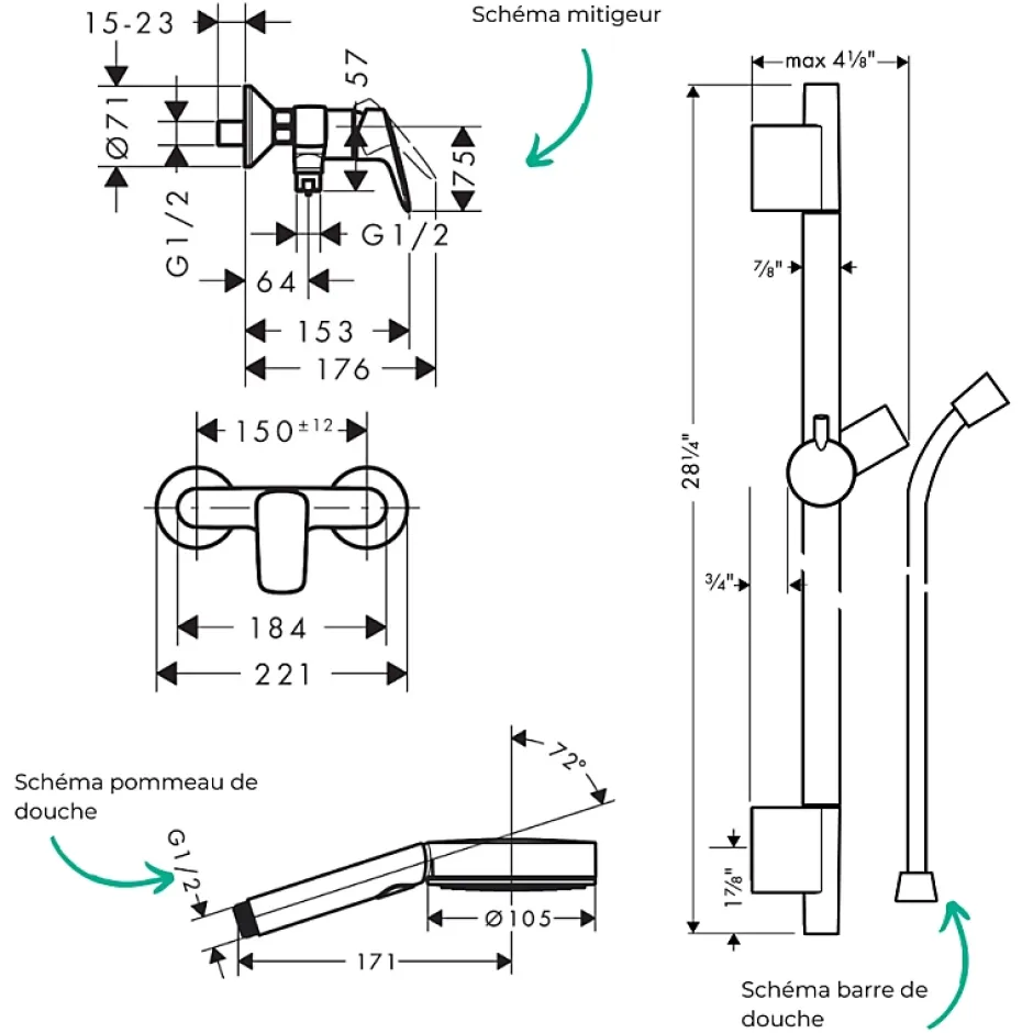 Hansgrohe Pack mitigeur douche mécanique Logis + Barre Unica S Puro + flexible + Pommeau Pulsify Select 3 jets chromé* Colonne De Douche Mécanique