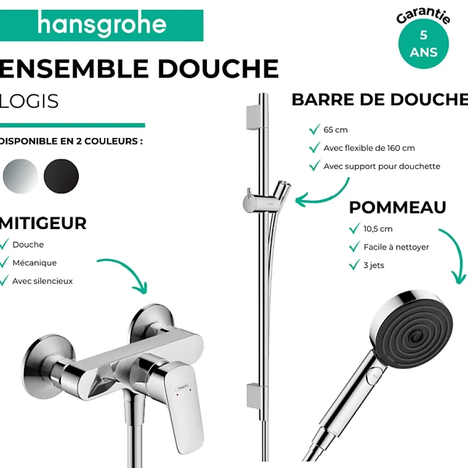 Hansgrohe Pack mitigeur douche mécanique Logis + Barre Unica S Puro + flexible + Pommeau Pulsify Select 3 jets chromé* Colonne De Douche Mécanique