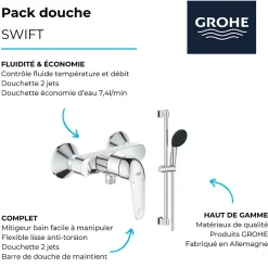 Grohe Pack mitigeur douche mécanique Swift 2023 + Ensemble de douche 2 jets avec barre Chromé