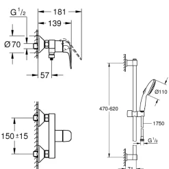 Grohe Pack mitigeur douche mécanique Swift 2023 + Ensemble de douche 2 jets avec barre Chromé