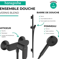 Hansgrohe Pack mitigeur douche mécanique Vernis Blend + Barre Unica S Puro + flexible + Pommeau Pulsify Select 3 jets noir mat