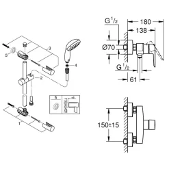 Grohe Pack mitigeur douche mécanique Start 2021 + ensemble de douche 2 jets Vitalio Start avec barre chromé