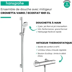 Hansgrohe Pack mitigeur douche thermostatique Ecostat 1001 CL + Barre et pommeau de douche Crometta Vario 2 jets Chromé
