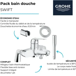 Grohe Pack mitigeur mécanique Swift avec colonnettes + Douchette 1 jet Vitalio Get Stick + Flexible 1750 mm* Robinet De Baignoire
