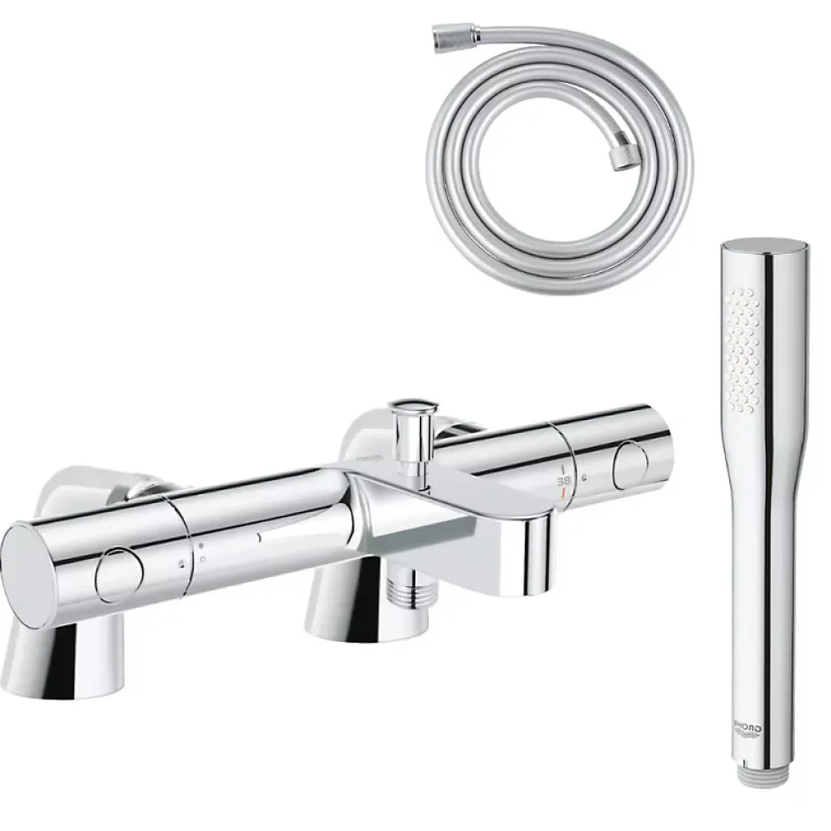 Grohe Pack mitigeur thermostatique Grohtherm 800 avec colonnettes + Douchette 1 jet Vitalio Get Stick + Flexible 1750 mm* Robinet De Baignoire