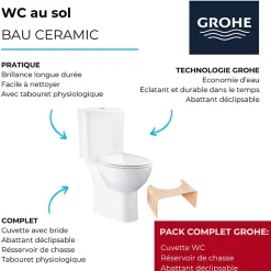 Grohe PACK WC à poser Bau Ceramic + Tabouret physiologique Bois* Wc À Poser