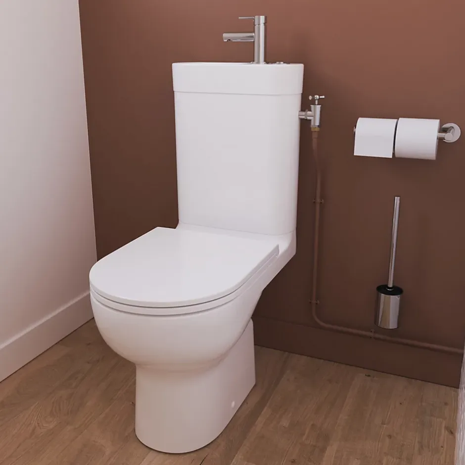 GoodHome Pack WC à poser sans bride vortex avec lave-mains intégré, abattant déclipsable et frein de chute, sortie horizontale, Cavally