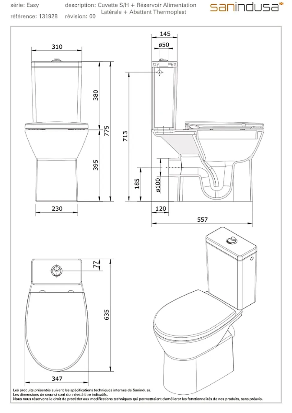 Sanindusa Pack WC au sol Easy évac. arrière alim. chasse par le côté abattant thermoplast blanc inclus