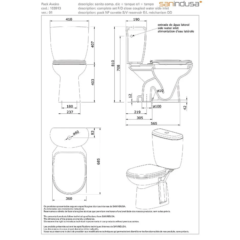 Sanindusa Pack WC Aveiro NF évacuation par dessous alimentation chasse d'eau par le côté blanc