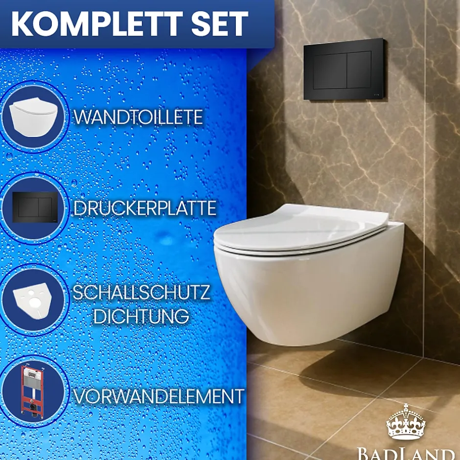 Badland Pack WC Bâti-support TECEbase + WC Rolo blanc + tapis d'isolation acoustique + plaque noir* Wc Suspendu