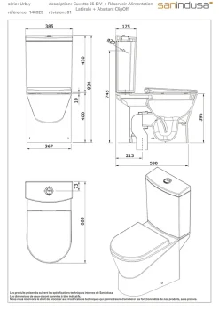 Sanindusa Pack WC cuvette+réservoir+abattant+fixations UrbY 65 caréné évacuation par dessous alim. chasse par le côté blanc* Wc À Poser