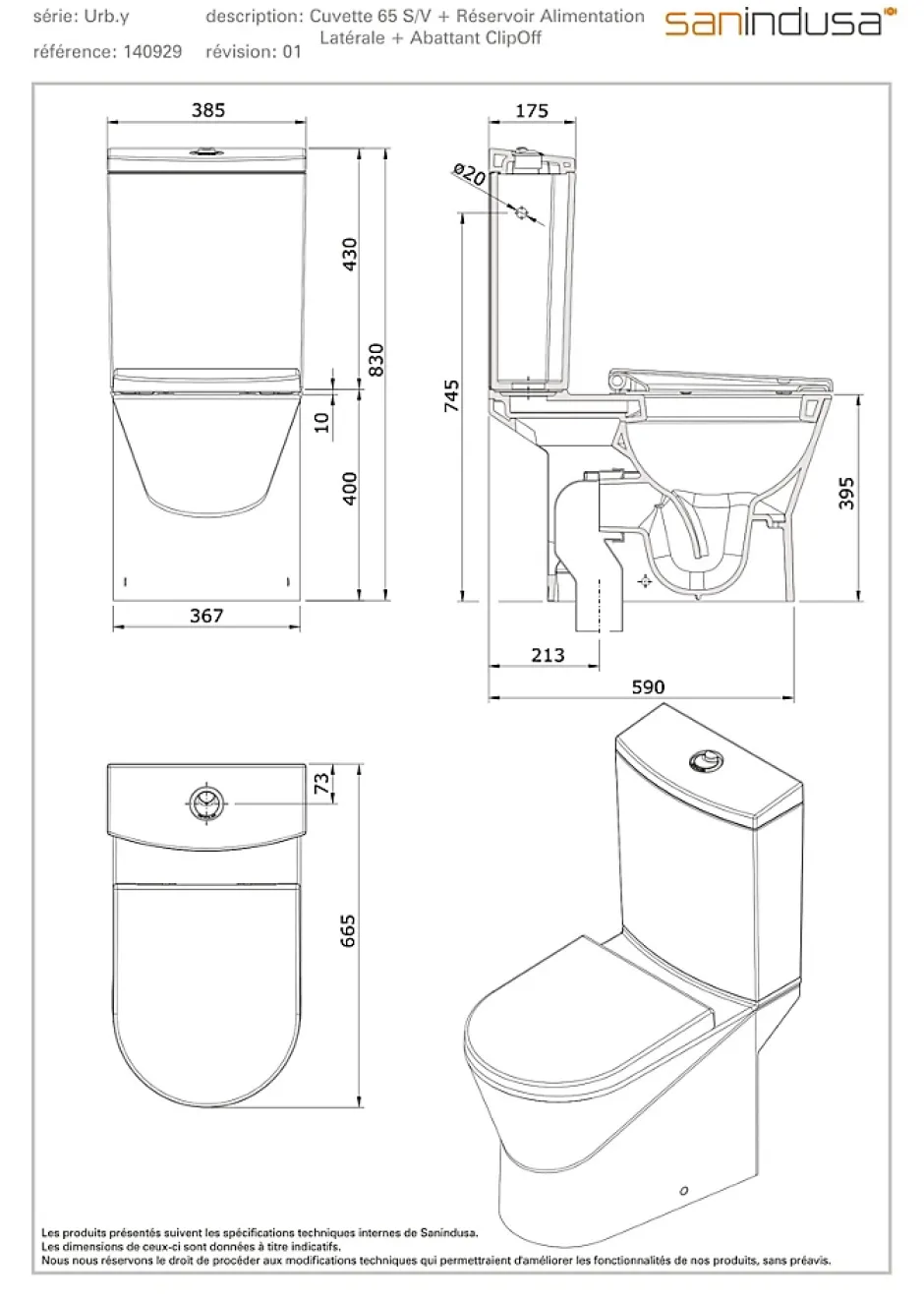 Sanindusa Pack WC cuvette+réservoir+abattant+fixations UrbY 65 caréné évacuation par dessous alim. chasse par le côté blanc* Wc À Poser