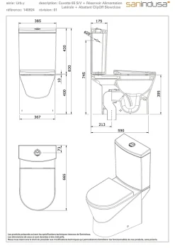 Sanindusa Pack WC cuvette+réservoir+abattant+fixations caréné évacuation par dessous alim. chasse par le côté abattant frein de chute blanc* Wc À Poser