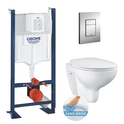 Grohe Pack WC Rapid SL autoportant + cuvette Bau Ceramic sans bride + plaque Skate Cosmo chrome (ProjectBau-1)