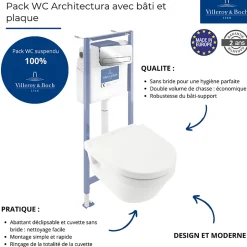 Villeroy & Boch Pack WC sans bride VILLEROY ET BOCH Architectura avec abattant + bâti-support sol et mur Viconnect PRO + plaque chromée brillant