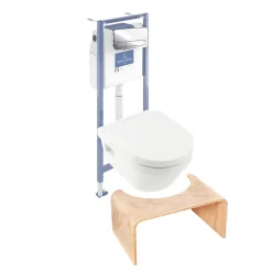 Villeroy & Boch Pack WC sans bride VILLEROY ET BOCH Architectura abattant + bâti-support sol et mur + plaque chromée brillant + Tabouret bois