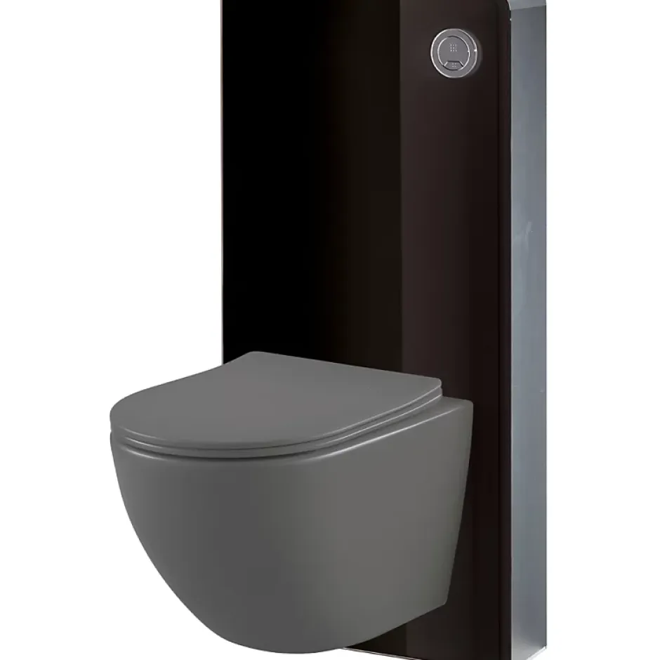 Planète Bain Pack WC suspendu gain de place bâti mural verre noir + cuvette sans bride gris mat corolla* Wc Suspendu