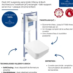 Villeroy & Boch Pack WC suspendu sans bride Architectura Twistflush e3 rectangle+bâti-support sol et mur+plaque chrome brillant* Wc Suspendu