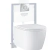 Grohe Pack WC suspendu sans bride Start Round Ceramic + Bati support hauteur réduite universel mur-sol + Plaque carré chromé