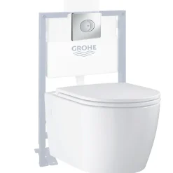 Grohe Pack WC suspendu sans bride Start Round Ceramic + Bati support hauteur réduite universel mur-sol + Plaque carré chromé