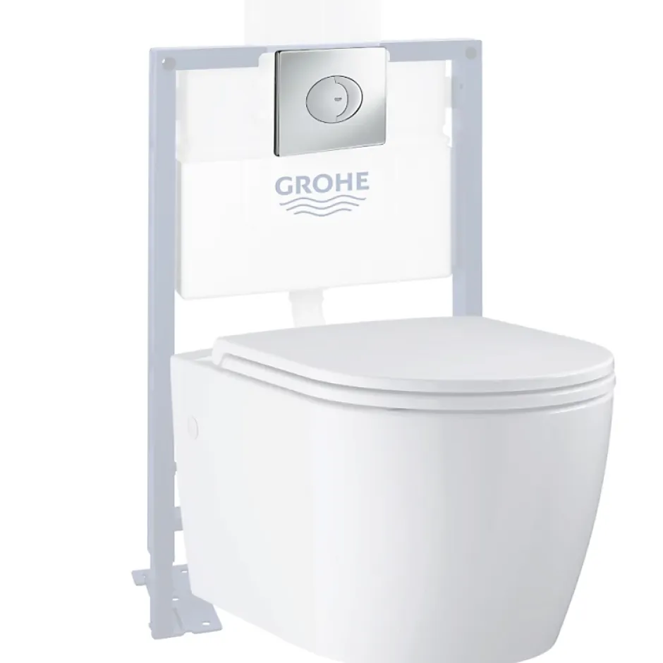 Grohe Pack WC suspendu sans bride Start Round Ceramic + Bati support hauteur réduite universel mur-sol + Plaque carré chromé