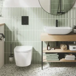 Grohe Pack WC suspendu sans bride Start Round Ceramic + Bati support hauteur réduite universel mur-sol + Plaque carré chromé