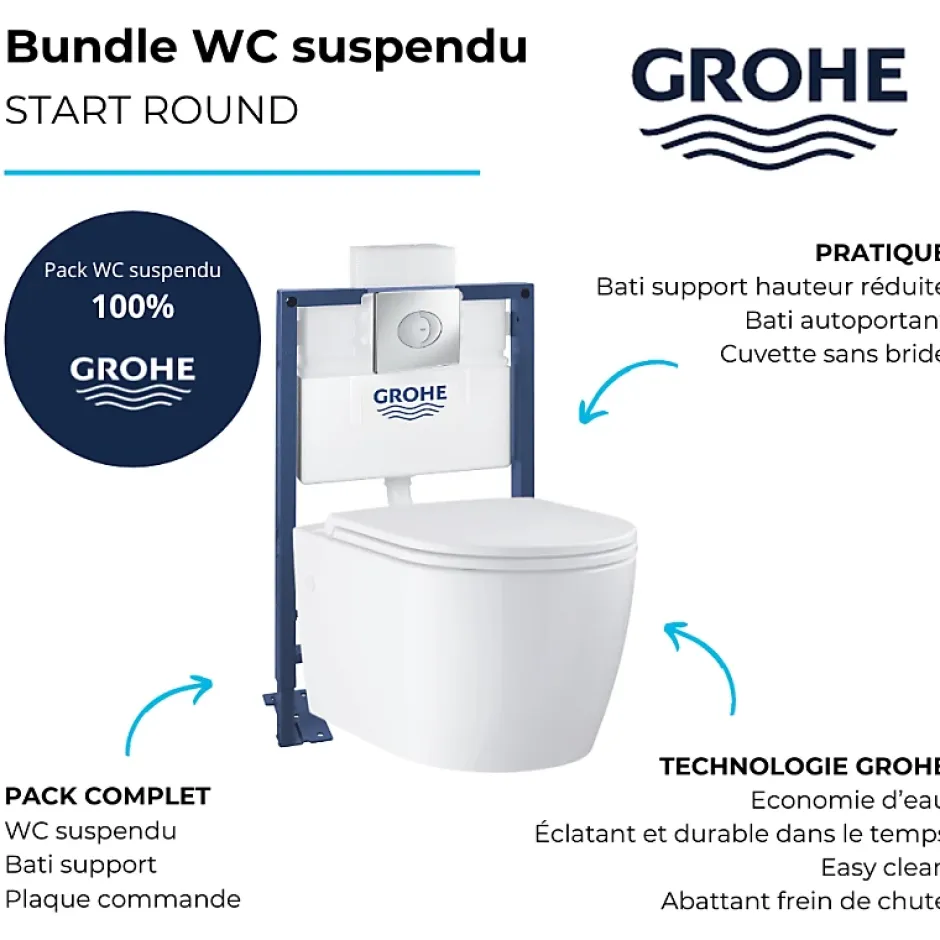 Grohe Pack WC suspendu sans bride Start Round Ceramic + Bati support hauteur réduite universel mur-sol + Plaque carré chromé