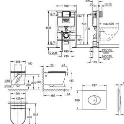 Grohe Pack WC suspendu sans bride Start Round Ceramic + Bati support hauteur réduite universel mur-sol + Plaque carré chromé