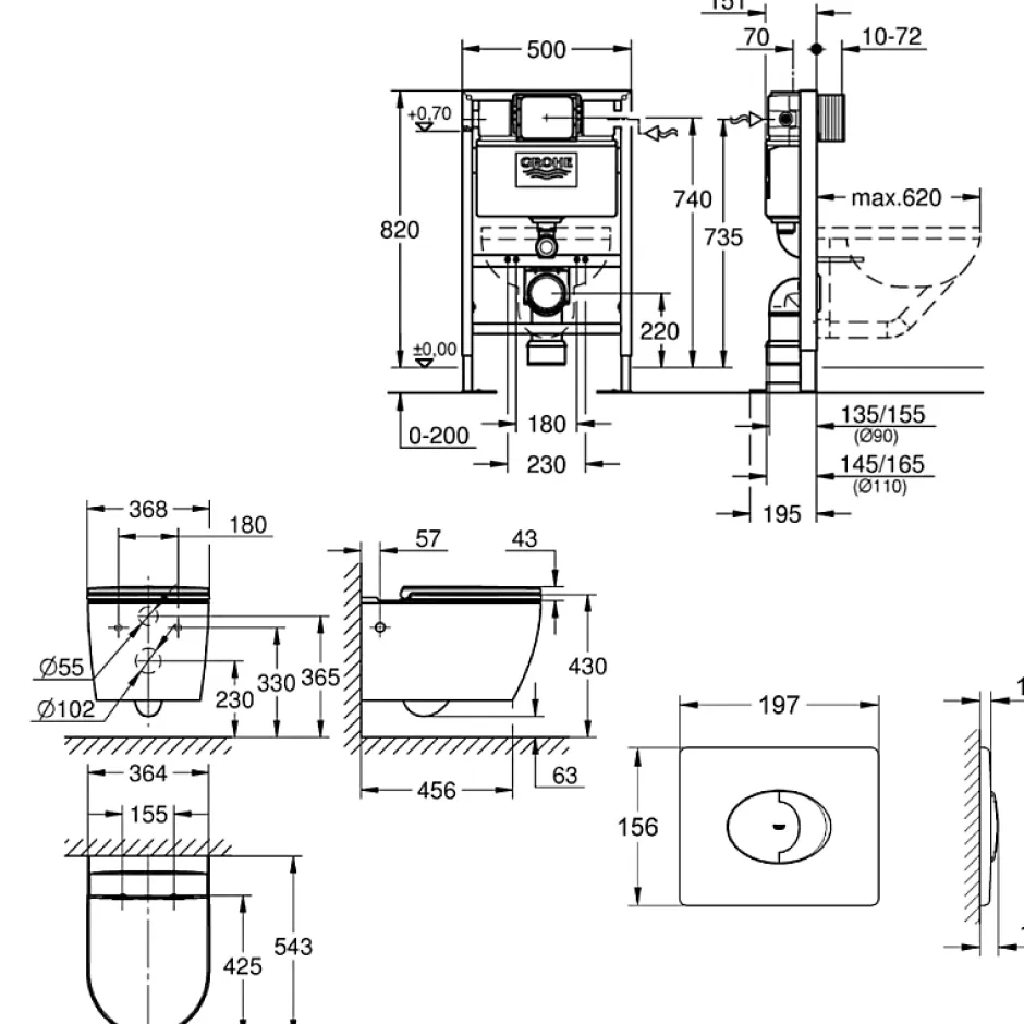 Grohe Pack WC suspendu sans bride Start Round Ceramic + Bati support hauteur réduite universel mur-sol + Plaque carré chromé