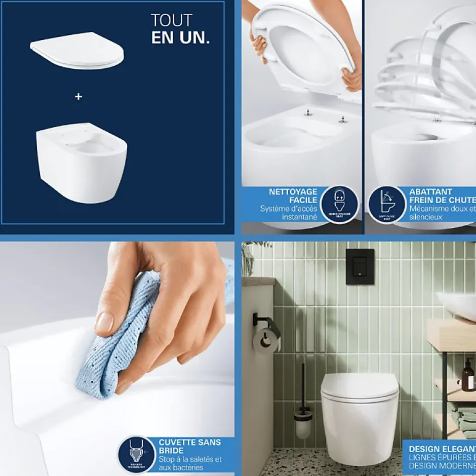 Grohe Pack WC suspendu sans bride Start Round Ceramic + Bati support hauteur réduite universel mur-sol + Plaque carré chromé