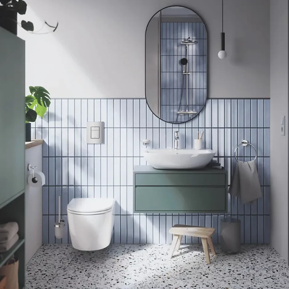 Grohe Pack WC suspendu sans bride Start Round Ceramic + Bati support hauteur réduite universel mur-sol + Plaque carré chromé