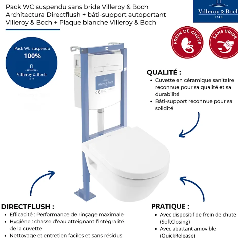 Villeroy & Boch Pack WC suspendu sans bride VILLEROY ET BOCH Architectura Directflush + abattant + plaque blanche + bâti + Tabouret blanc