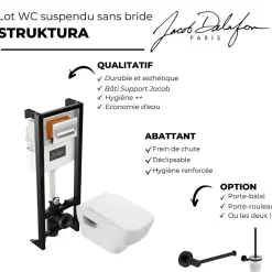 Jacob Delafon Pack WC suspendu sans bride Struktura+ bâti-support + plaque Noir brillant/Noir mat