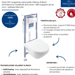Villeroy & Boch Pack WC suspendu sans bride Architectura Twistflush e3 rond + bâti-support sol et mur + plaque blanc