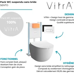Vitra Pack WC suspendu Sento blanc + bâti autoportant V-Fix Core + Plaque Round Blanche