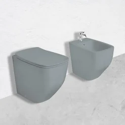 Kiamami Valentina Paire De Bidet Et Wc Encastrés Gris Mat Avec Abattant De Toilette* Wc À Poser
