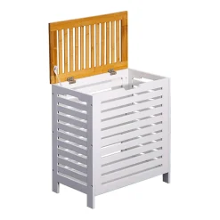 Mobili Rebecca Panier de Bain MDF Bambu Blanc Marron Vêtements Rebecca Mobili* Meuble De Salle De Bains Faible Profondeur