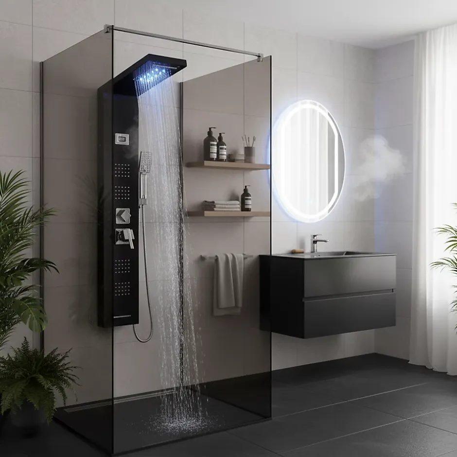 Signature Panneau de douche mural en Noir Mat - Lumière LED* Robinet De Douche