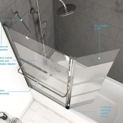 Aurlane Pare baignoire + volet pivotant 130x105- Profile aluminium chrome et verre transparent bande depolie* Pare-Baignoire