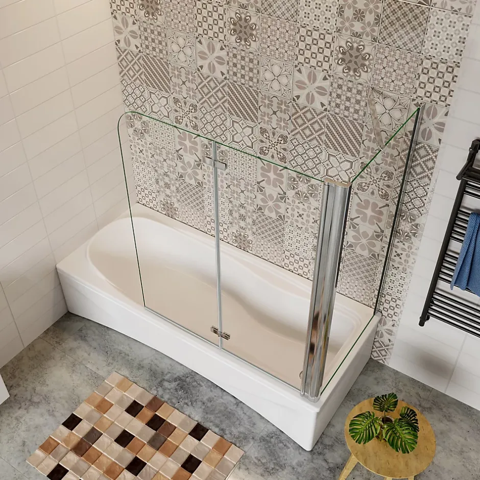 AICA Sanitaire Pare baignoire 2 volet pliante et pivotant chrome - L.110+70 x H.140 cm en 6mm verre anticalcaire