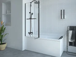 Vente-unique Pare baignoire avec porte-serviette et retour pivotant noir mat - (70 + 30) x 140 cm - PRIMAEL* Pare-Baignoire